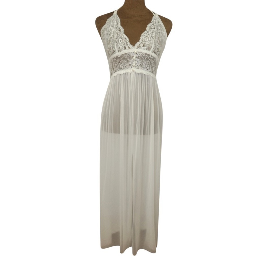 White Nightgown Lingerie Lace Bodice Size M Sheer Mesh Middle Slit
